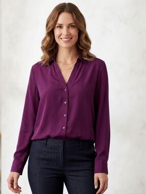 LAURA Blouse V Neck Button Up Purple Laying Office Party Long Sleeve Sz 12